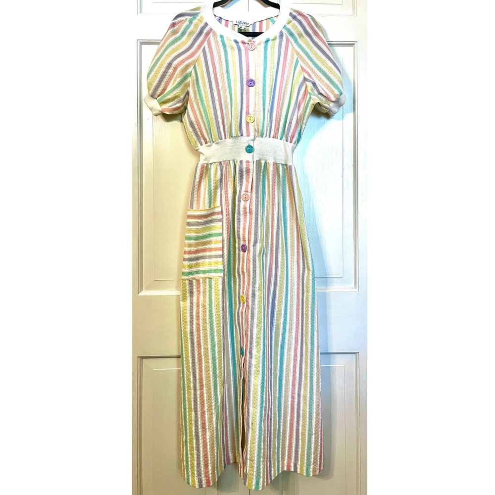 Vintage Sears Pastel Stripe Seersucker Button Front Midi Dress Cottagecore S